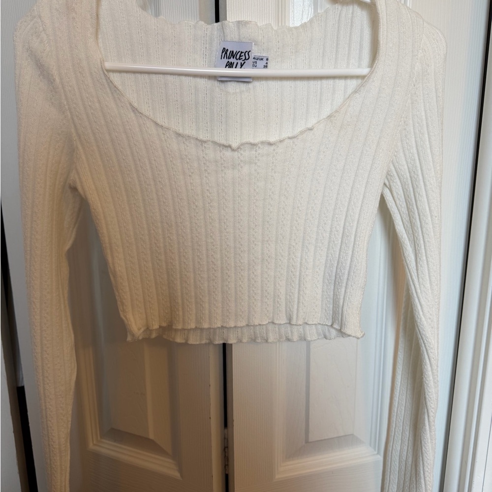 Princess Polly Cream Ribbed Off the Shoulder Knit Top